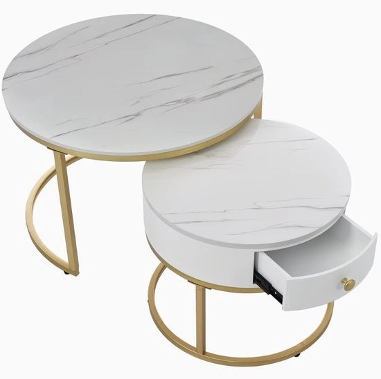 Set di tavoli salotto a ronda da 2 – Tavoli da soggiorno a stile moderno con disegno a marmo lucido – Tavoli eleganti per la sala da pranzo