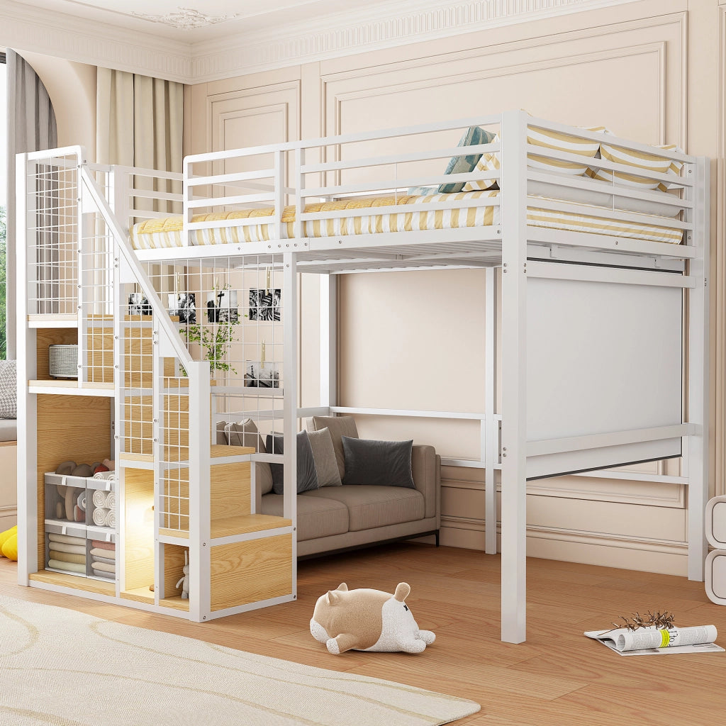 LETTO A CASTELLO 140x200 in metallo bianco con scala e ripiani