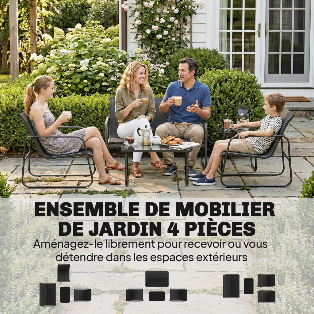 Set divano giardino 4 pezzi con divano, poltrona e tavolo ¨C Xylo ¨C grigio scuro e nero