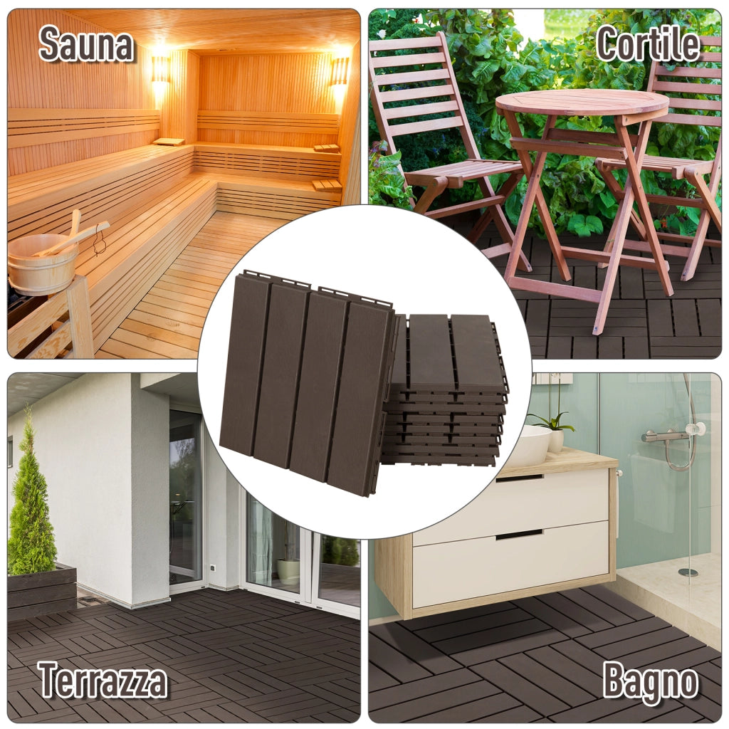 Set 9 Mattonelle a Incastro per Terrazzo, Piastrelle per pavimenti (30x30x2cm) in PP Antiscivolo, Area: 0.81 mq Marrone