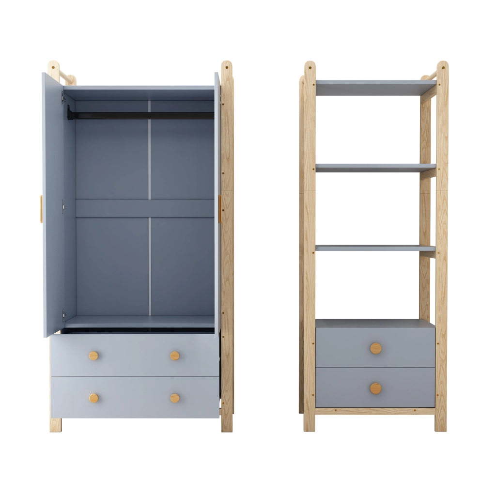 Armadio con 2 ante, 2 cassetti e appendiabiti, con libreria a 3 ripiani, in legno e MDF, per camera e ingresso