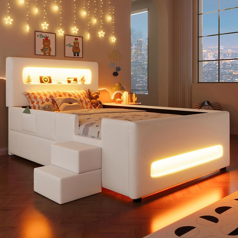 Letto imbottito 90x200cm?- Xylo - scala LED 2 cassetti bianco