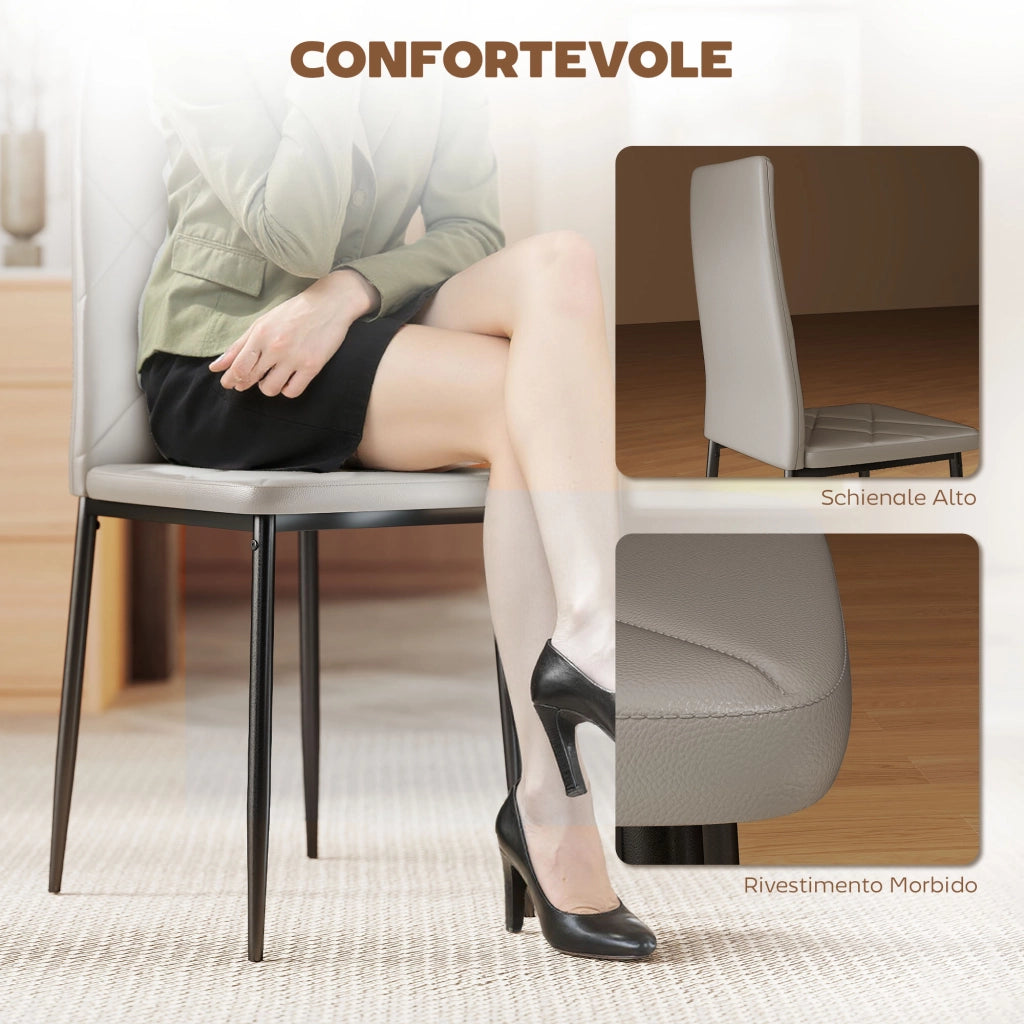 Set di 6 Sedie da Pranzo Moderne con Schienale Alto in Finta Pelle e Acciaio, 41x50x97 cm, Grigio