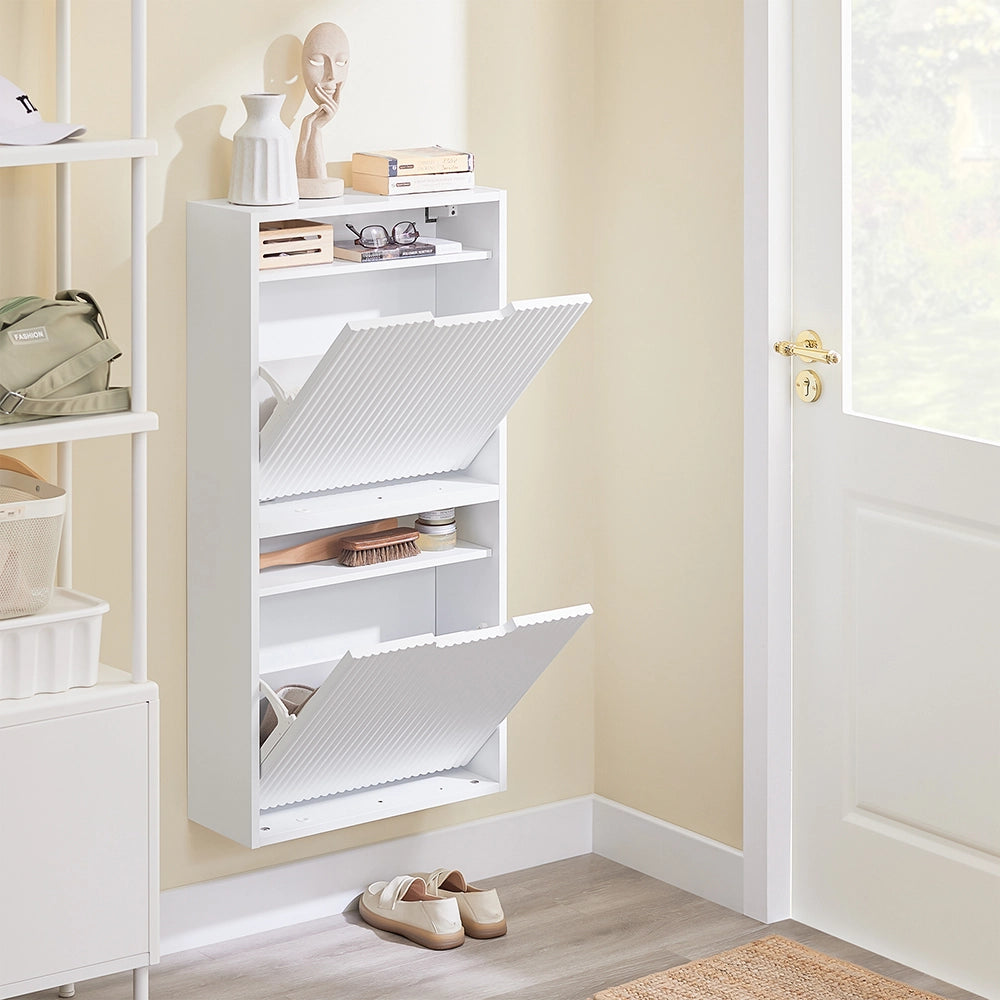 SoBuy Scarpiera Salvaspazio Slim Scarpiera Ingresso con 2 Ante Basculanti, Montaggio Verticale/Orizzontale, Mobile Legno Bianco Moderno per Corridoio Piccolo, 50x19x100cm, FSR204-W