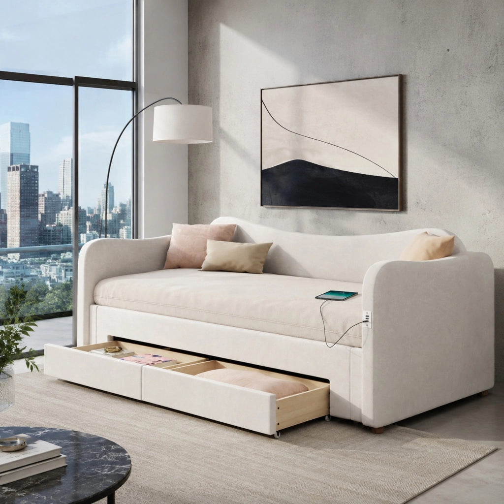 Letto imbottito estraibile 90x200 cm in velluto beige con 2 cassetti, porta USB e USB-C