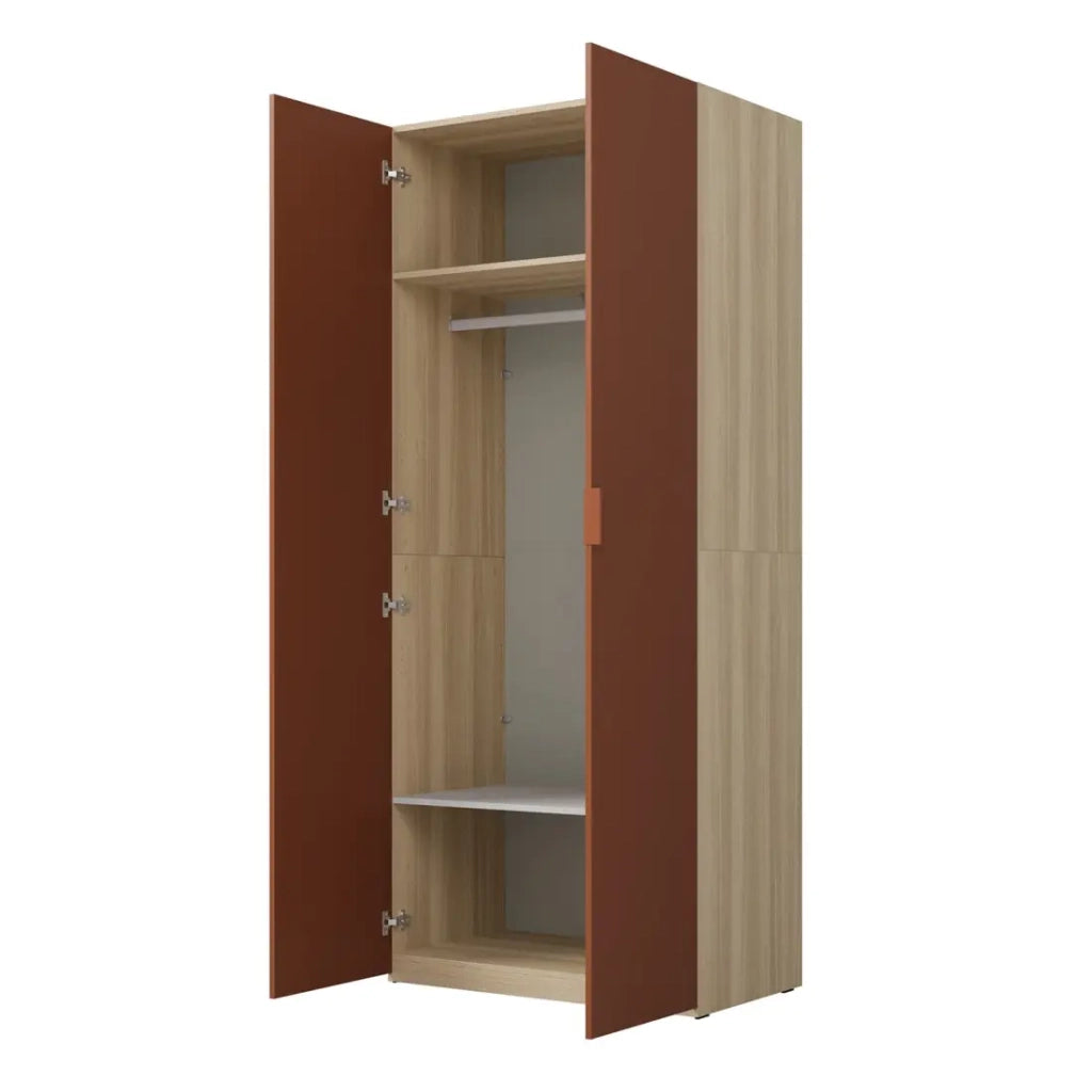 Armadio CALMIA terracotta e quercia chiara 90 cm con appendiabiti e scaffali