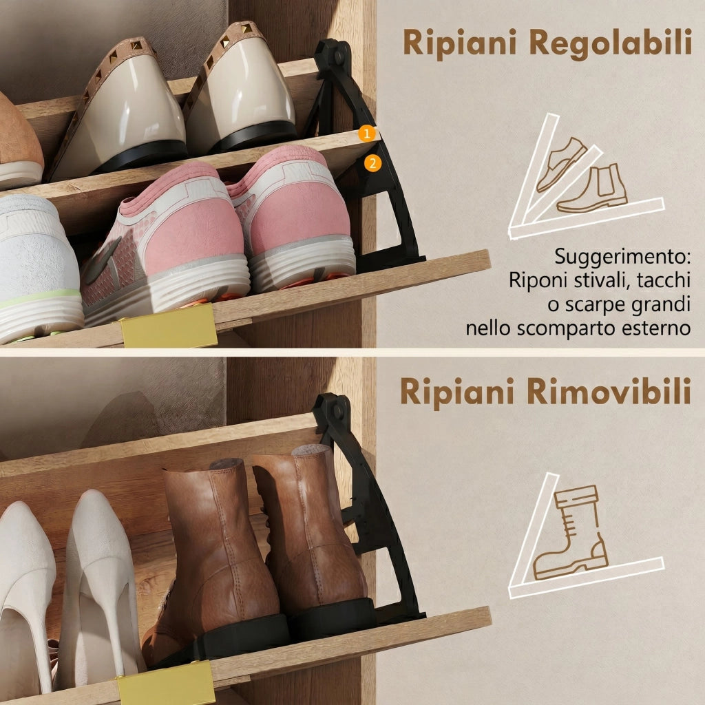 Scarpiera Salvaspazio con 2 Ante a Ribalta e Ripiani Regolabili ¨C zephmum ¨C Color Noce