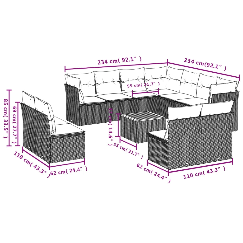 Set Divani da Giardino 12 pz con Cuscini Beige in Polyrattan
