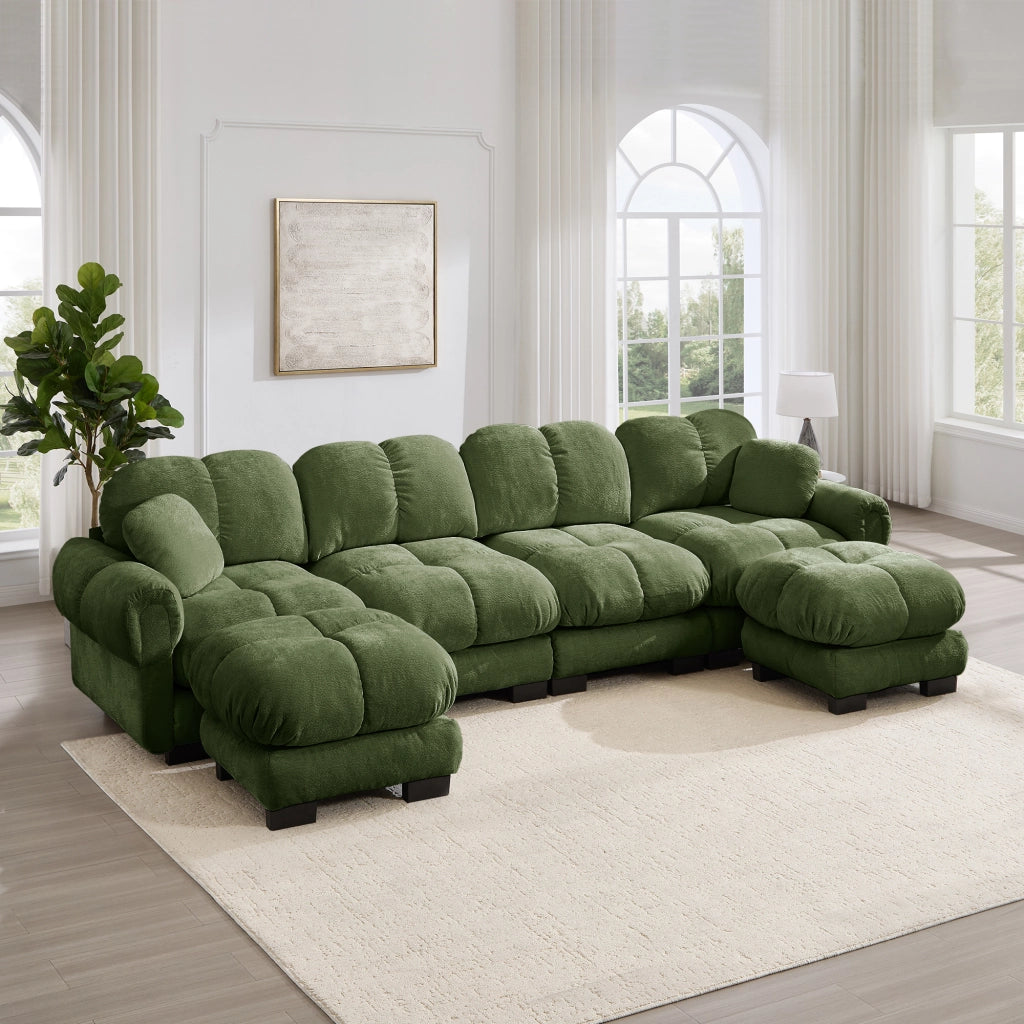 Divano ad angolo convertibile 4 posti con pouf mobile, in ciniglia, Verde