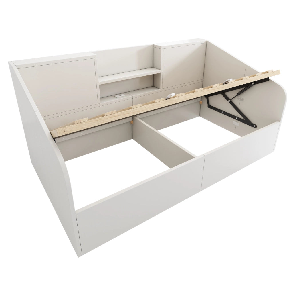 Letto 90x190 cm con contenitore idraulico e stazione di ricarica in legno bianco