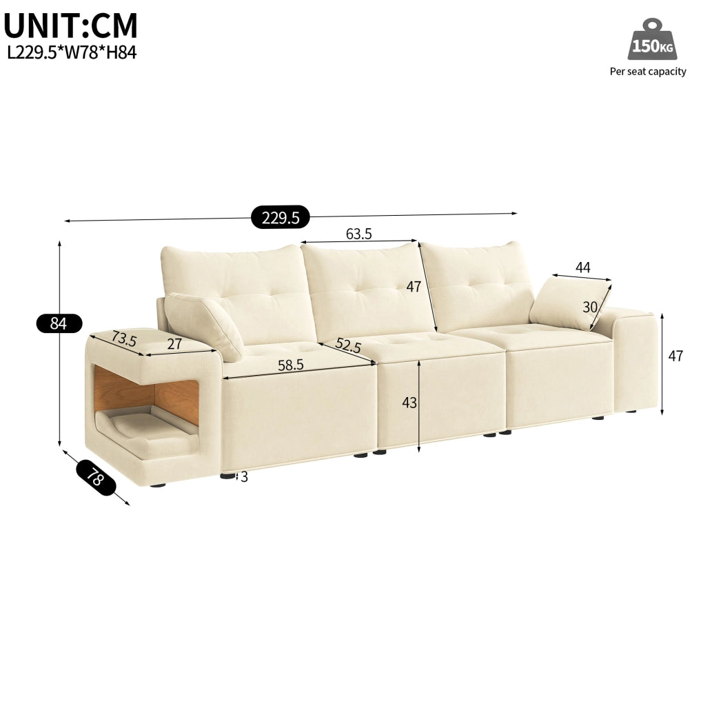 Divano modulare a 3 posti in velluto beige con contenitore; 229;5 cm; con 2 cuscini