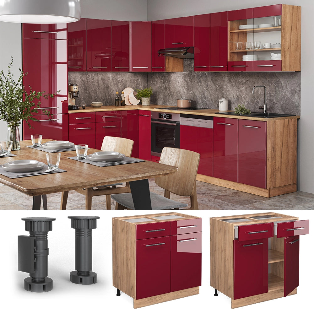 Mobiletto base per cucina Fame-Line Bordeaux lucido/Rovere dorato 80 cm, PL Marmo Vicco