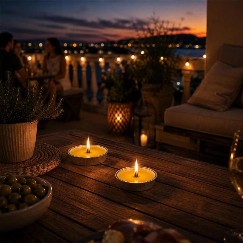 SET 30 FIACCOLE ALLA CITRONELLA IN ALLUMINIO Ø11 CM – STOPPINO ANTIVENTO, DURATA 4 ORE