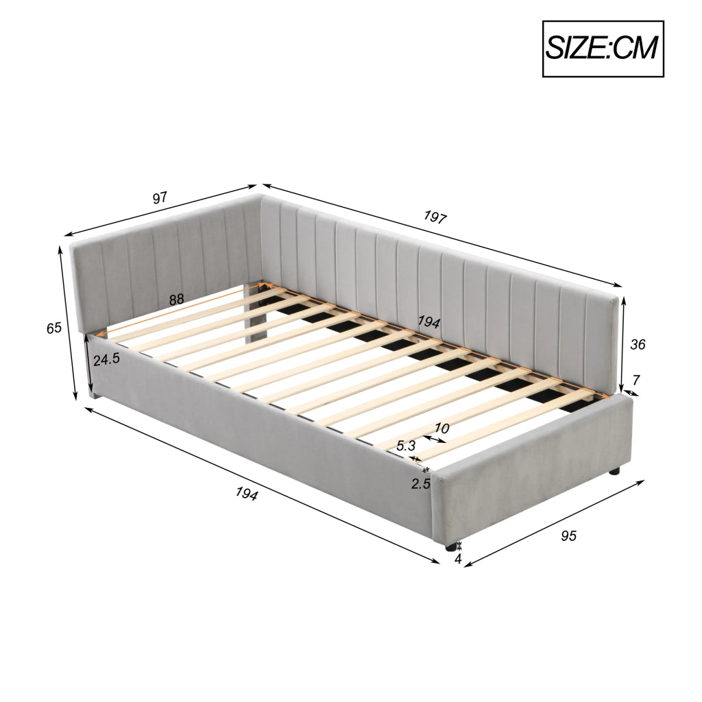 LETTO imbottito 90x200 cm in velluto grigio con rete a doghe