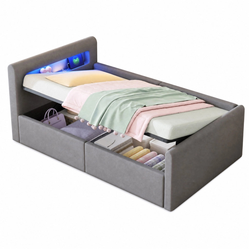 Letto imbottito per bambini 90x200 cm con LED, USB e vano contenitore idraulico