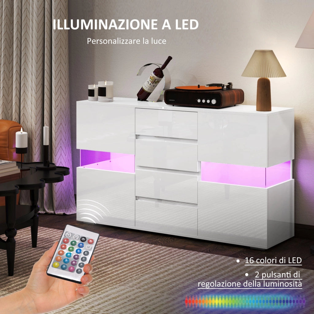 Credenza Mobile Basso Multiuso con LED Regolabile con Telecomando 120x34x70 cm Bianco