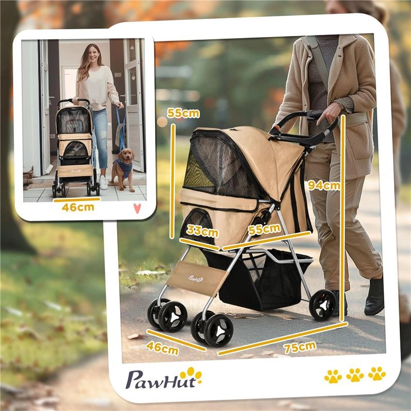 PASSEGGINO PER CANI TAGLIA PICCOLA E MINI PIEGHEVOLE CON CESTINO E PORTABICCHIERE, 75X46X94 CM, CAFÈ