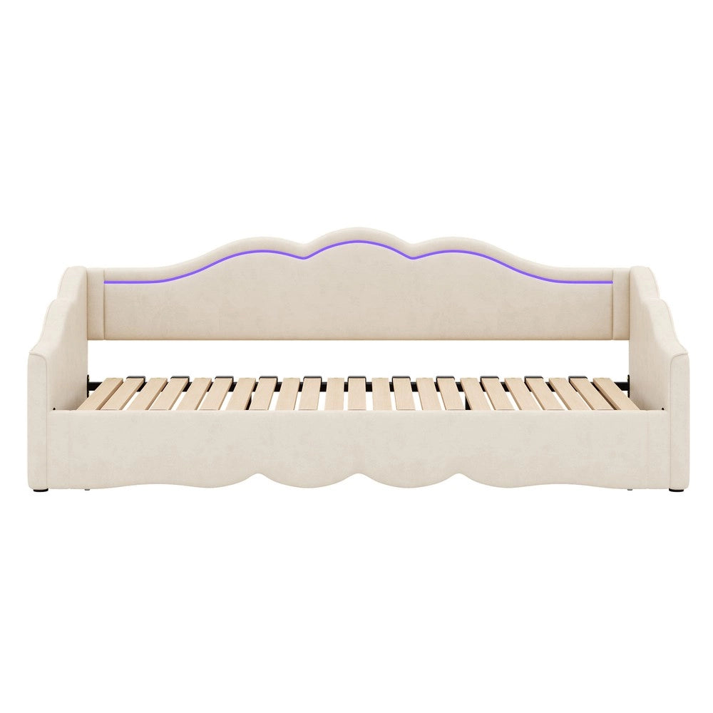 Letto a giorno - Zephmum-90x200 cm, estendibile a 180 cm, LED, USB, velluto beige