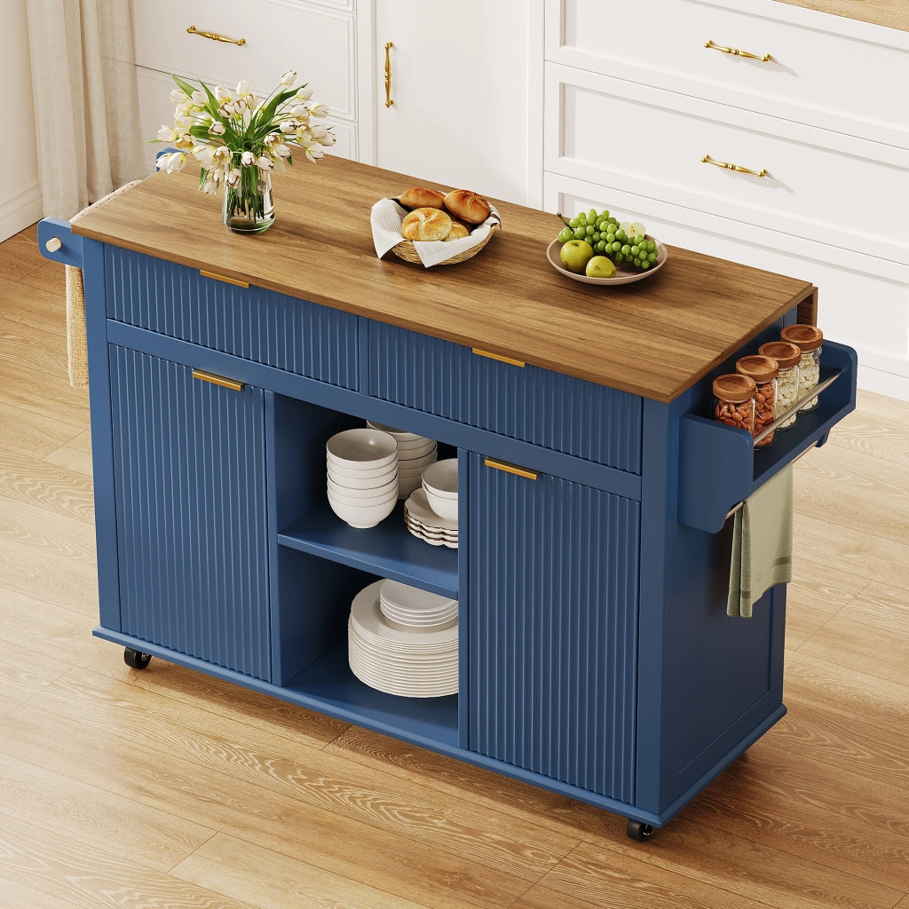 Isola da cucina su ruote con piano ribaltabile, 2 cassetti, 2 ante e porta spezie, colore blu e legno