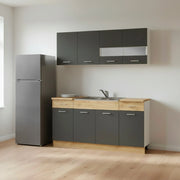Cucina monoblocco 160 cm ERIKA grigio e rovere con lavello e pensili