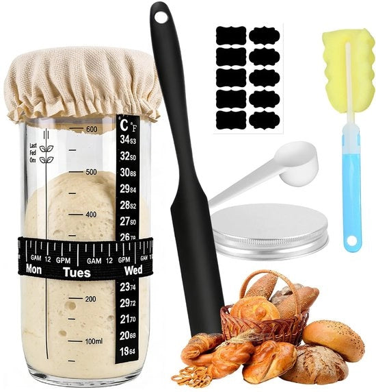 Imbottigliamento starter Zuurdesem 730 ml - Vaso di fermentazione - Coperchio in alluminio - Spatola in silicone - Termometro - Accessori da forno - Set di cottura del pane
