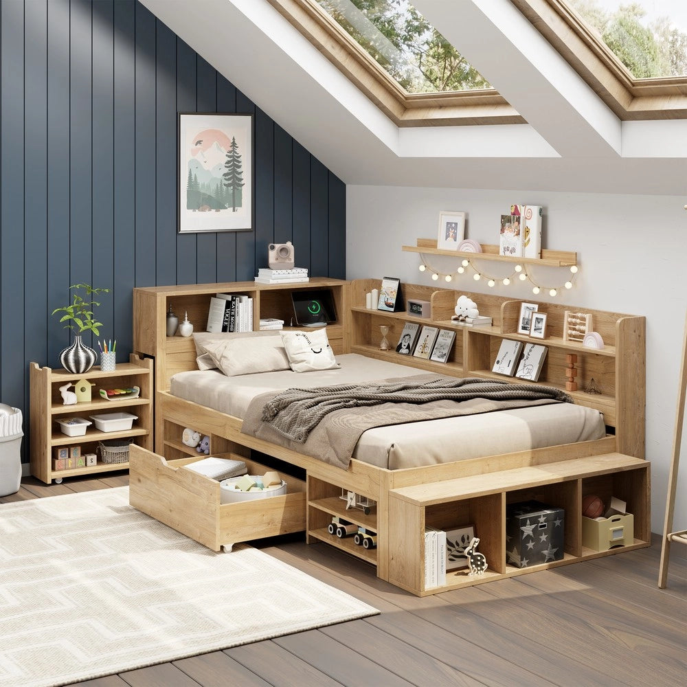 Letto Singolo Contenitore per Bambini con Cassetti e Ripiani ¨C MINIMAL ¨C 90x200, Naturale