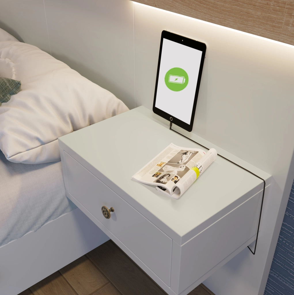 Letto matrimoniale con 2 comodini LED e prese USB/Type-C, 140x200 cm