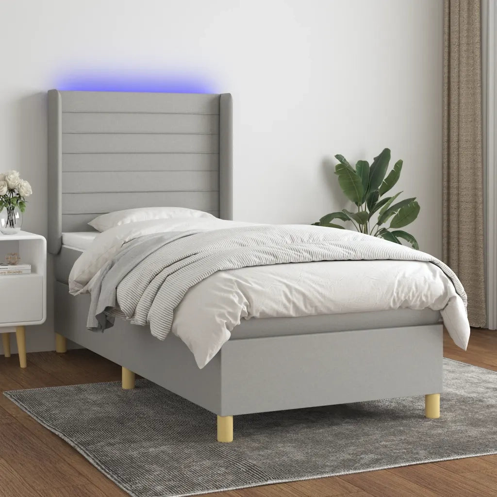 Letto singolo | Letto per adulti | Letto a Molle Materasso e LED Grigio Chiaro 90x200 cm Tessuto