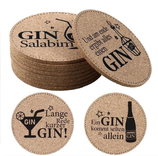 Set di Supporti per Gin 9 pezzi con Supporti per Gin con Citazioni, Supporti per Gin in Vetro 10cm con Kurk per Supporti per Gin per Appassionati di Gin, Amanti di Gin e Bevitori di Gin (Citazioni Tedesche)