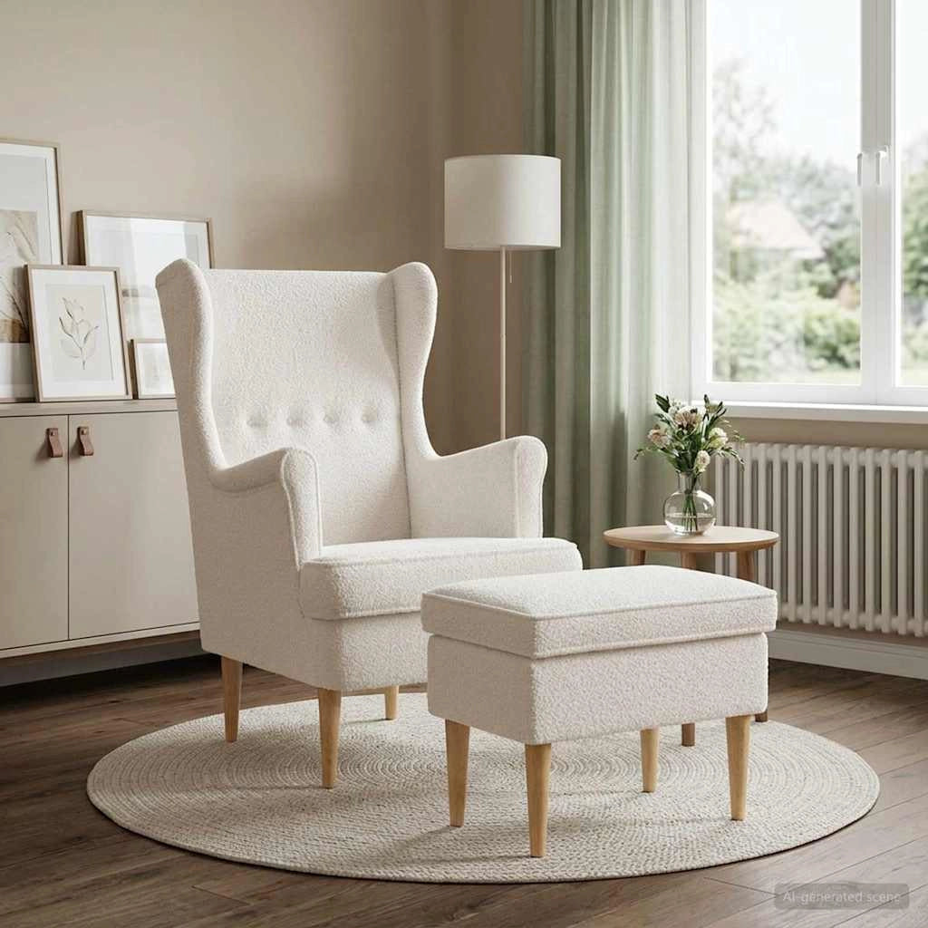 Poltrona con Ottomano 2 pz Crema Bouclé 3418834