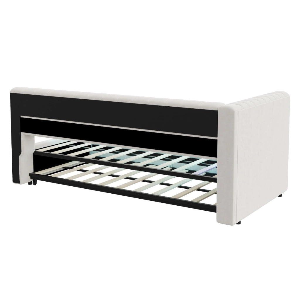 LETTO IMBOTTITO ESTRAIBILE 90x200 cm Velluto Beige con LED e porte USB/Tipo-C