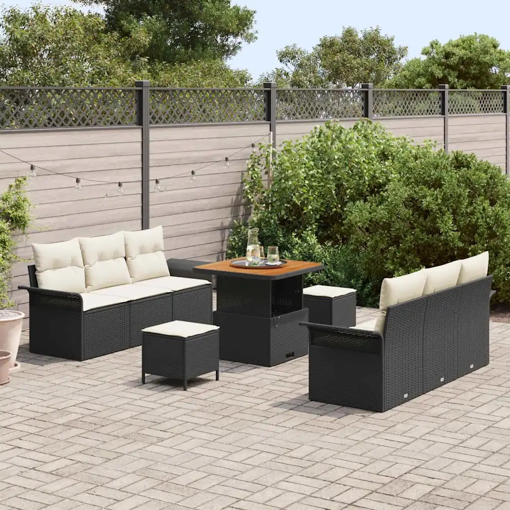 Set Divano da Giardino con cuscino 9 pcs Nero e Crema