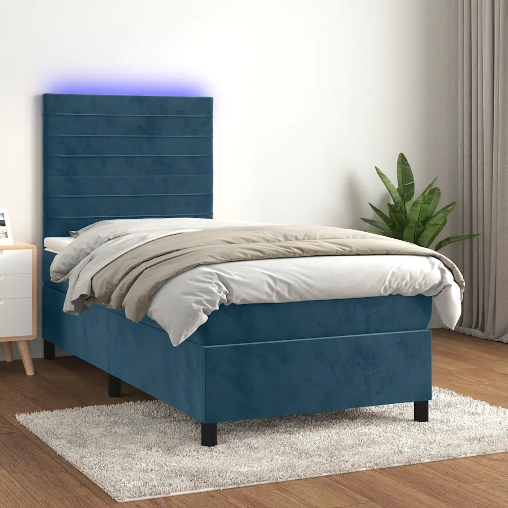 Letto a Molle con Materasso e LED Blu Scuro 90x190cm in Velluto