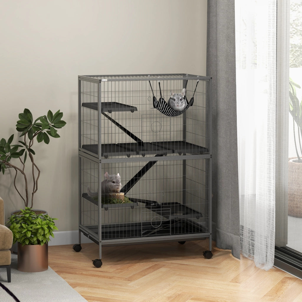 Gabbia per piccoli animali ¨C Xylo ¨C 4 piani con amaca e ruote, metallo e plastica, 80x52x128 cm, grigio