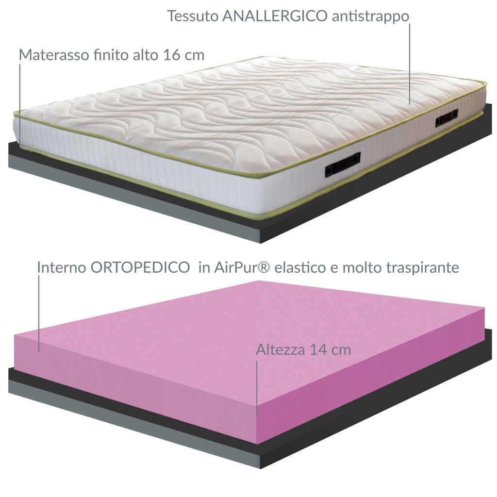 Materasso Alto 16 cm piazza e mezza 120x200 cm, con AirPur® monoblocco, water foam ortopedico in poliuretano, con tessuto anti acaro di alta qualità, DREAM AIR 