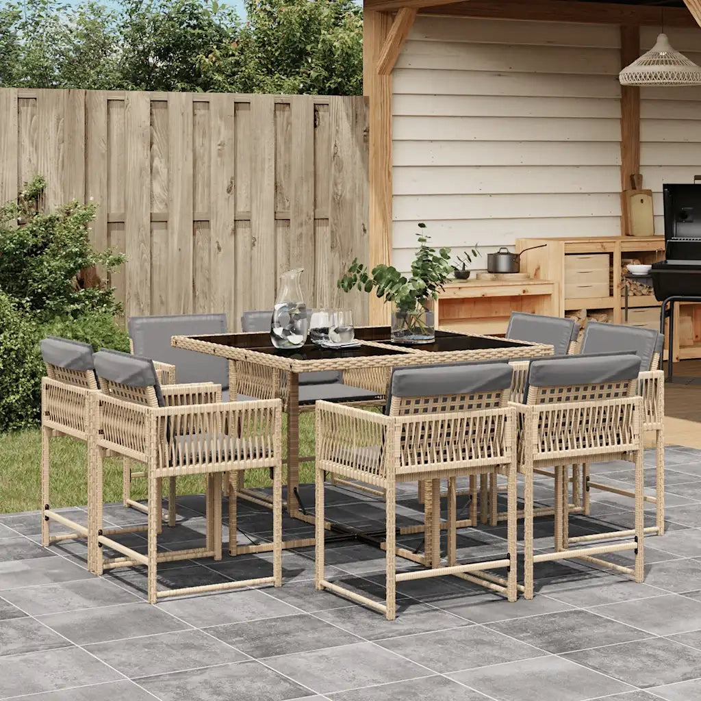 Set Pranzo da Giardino 9 pz con Cuscini Beige Misto Polyrattan