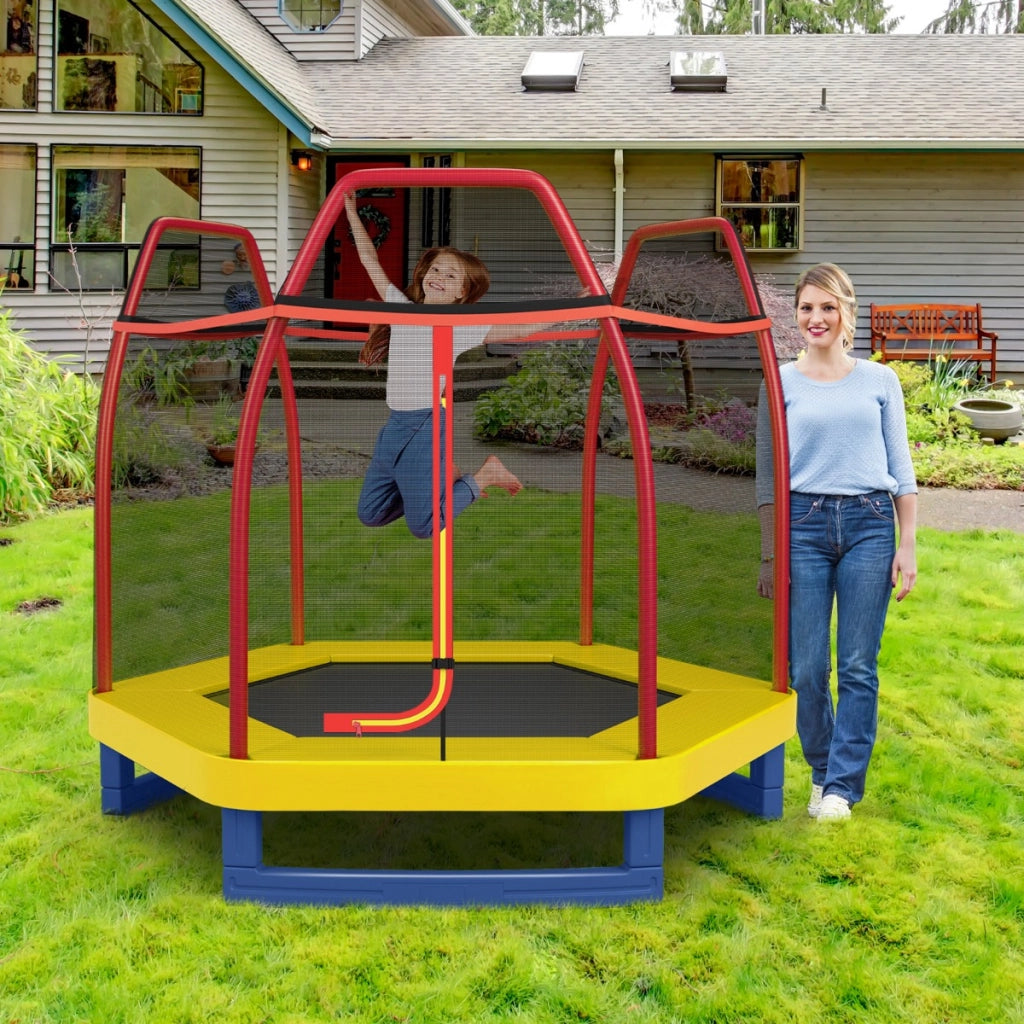 Tappeto elastico 223 cm con rete di sicurezza e cuscinetto a molle, Mini tappeto elastico per bambini Rosso-Trampolini