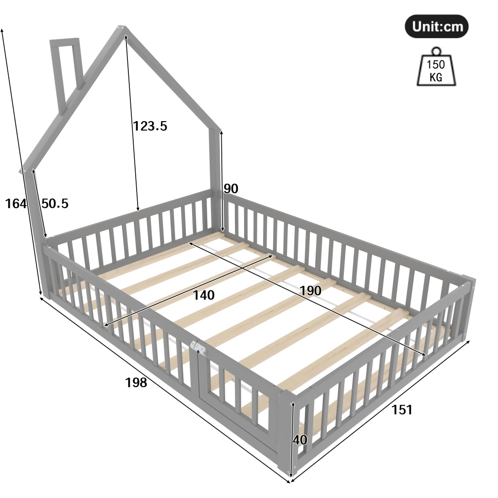 Letto per bambini 140 x 190 cm con forma camino, rete a doghe, grigio