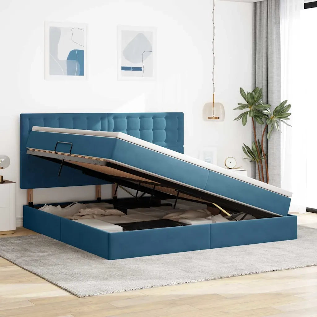 Letto con contenitore e LED Blu Scuro 200 x 200 cm Velluto