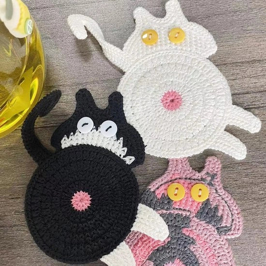 Onderzetters per gatto - Regali per gli amanti dei gatti - Tappeti in cotone, creativi e artigianali per caffè e tè - Isolanti divertenti per bevande - Protezione e decorazione della tavola - 3 pezzi