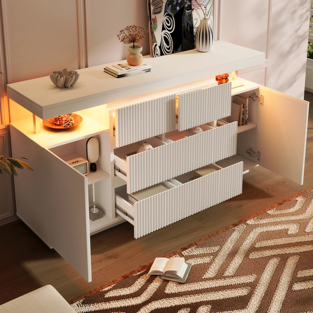 CREDENZA LED 150x40x78 cm Bianca in MDF e Metallo, 6 Cassetti e 2 Ante