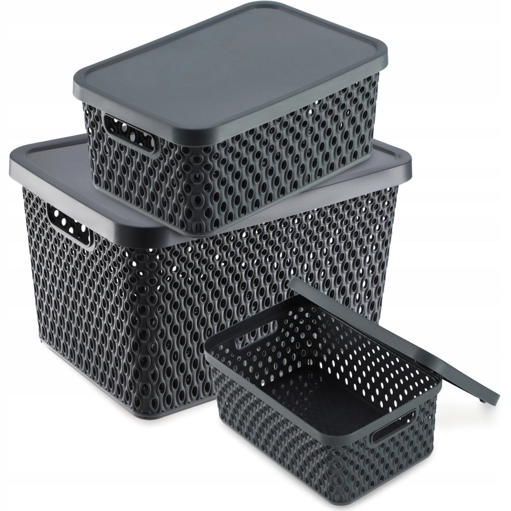 Set di 3 cestini in plastica KADAX con coperchio, colore grigio.