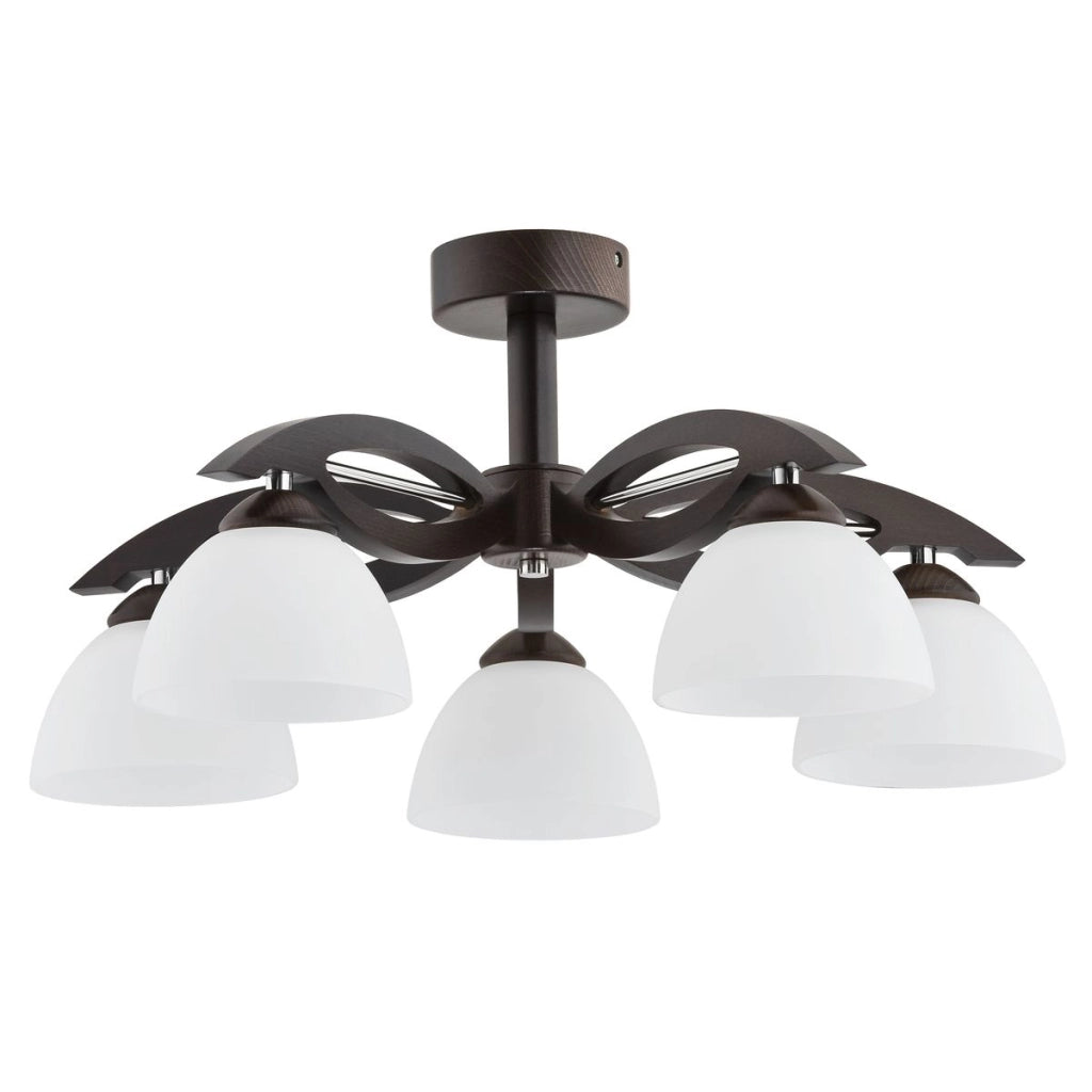Plafoniera EMIR venge legno, 5 luci E27, vetro bianco