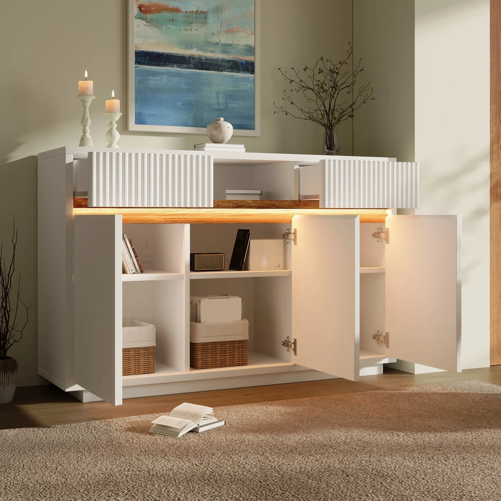 COMÒ bianco 140x40x85 cm con LED, 2 cassetti e 3 ante