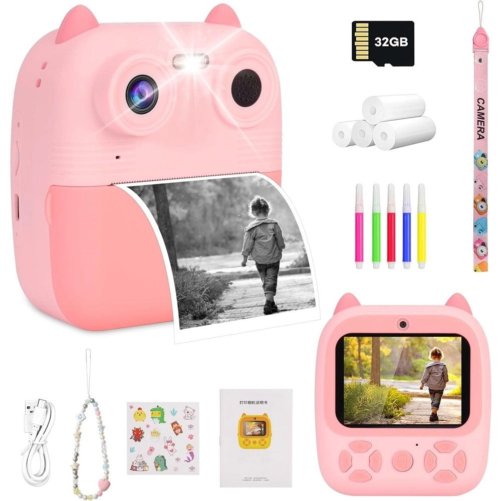 Trade Shop - Fotocamera Istantanea Bambini Digitale Hd 1080p 4 Rotoli Scheda Sd Doppia Lente -