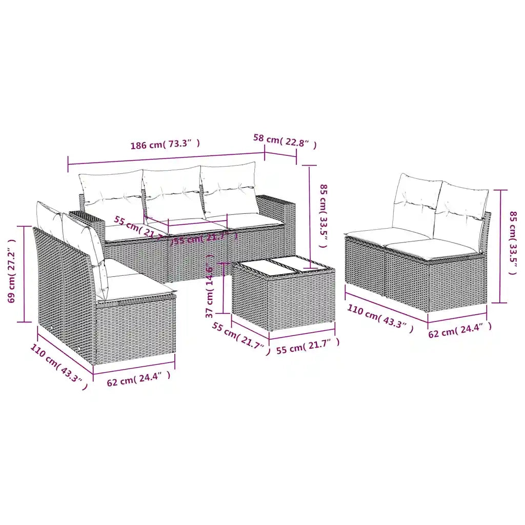 Set Divani da Giardino 8 pz con Cuscini Marrone in Polyrattan 3218833