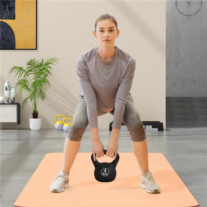 KETTLEBELL 4KG IN PLASTICA E SABBIA CON BASE PIATTA E IMPUGNATURA, 18X12X20 CM, NERO