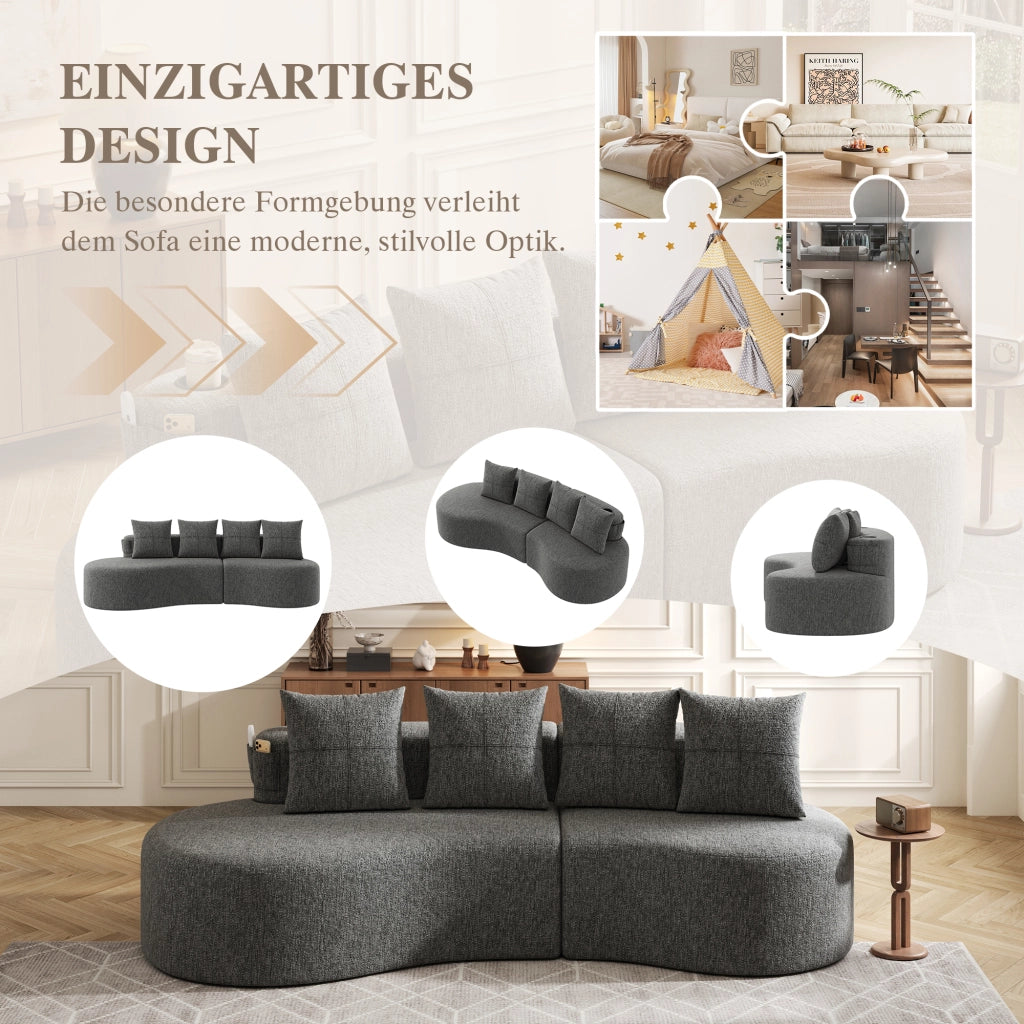 DIVANO 240x109x60 cm in lino grigio scuro con 4 cuscini