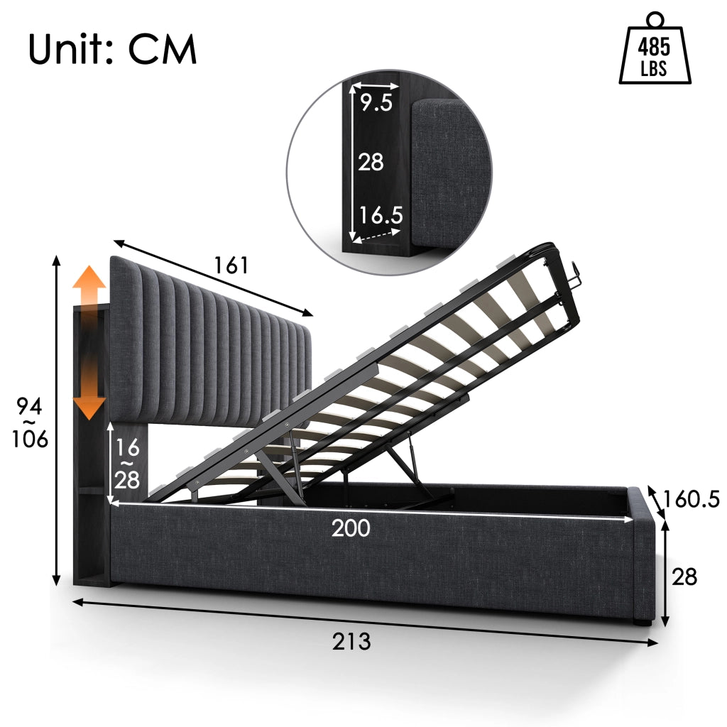 LETTO Contenitore 160x200 cm in Lino Grigio con Testiera LED USB e Type-C
