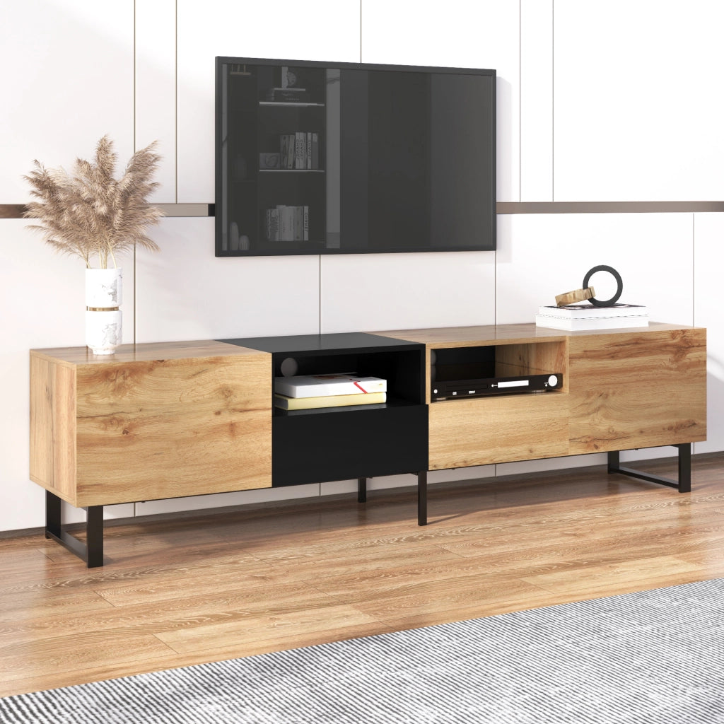 Supporto TV moderno - Zephmum - Design nero e legno, robusto, ampio spazio